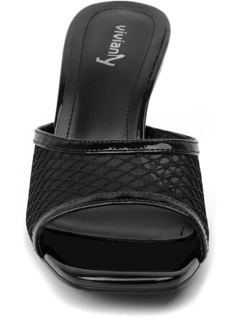 Women's Black Mesh Stylish Square Open Toe Slip on Heeled Slides Mules Sandals